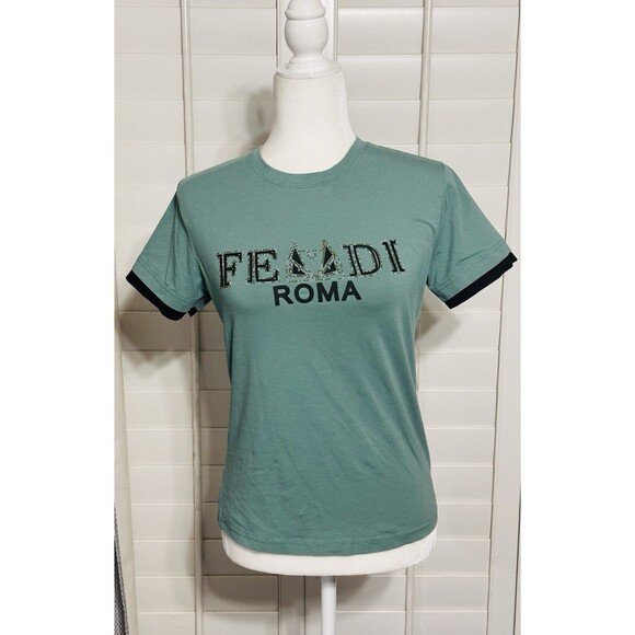 FENDI Women Size S Logo Glitter Embroidered Short Sleeve T-Shirt/Top Luxury - Picture 1 of 10